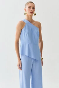 Conjunto de Blusa Regata Assimétrica Um Ombro Só Recorte Cintura e Calça Wide Leg Botão Forrado