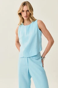 Conjunto de Alfaiataria de Blusa Regata Crop Recorte Calça Reta Aba Botões Forrados Double