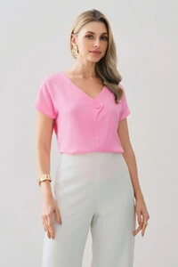 Blusa Manga Morcego Decote V Transpassado Botão Forrado