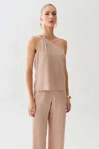 Conjunto de Blusa Regata Assimétrica Um Ombro Só Torcido e Calça Reta