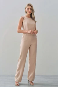 Conjunto de Blusa Regata Crop Ombro Cut Out Recorte e Calça Reta Botão Forrado
