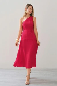 Conjunto de Blusa Regata Assimétrica Um Ombro Só Prega Cinto e Saia Midi