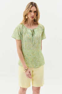 Blusa Floral Manga Raglan Decote Laço