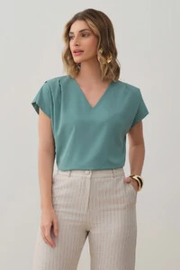 Blusa Manga Morcego Decote V Ombro Pregas Double
