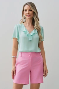 Blusa Manga Evasé Decote V Babado