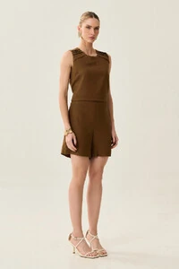 Conjunto de Linho de Blusa Regata Ombro Pregas e Shorts