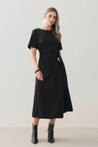 Vestido Midi de Alfaiataria Assimétrico Transpassado Pregas Gold