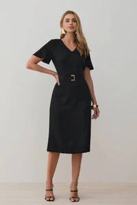 Vestsido Midi Decote V Cinto Fivela Gold