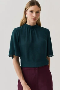 Blusa Manga Evasê Gola Baixa Pregas Triple Franzido