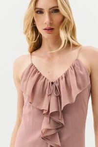 Vestido Longo de Alcinha de Chiffon Yoryu Decote V Babado Laço