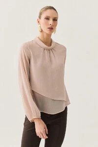 Blusa Dupla Transpassada Assimétrica de Chiffon Yoryu Manga Longa Gola Dobrada