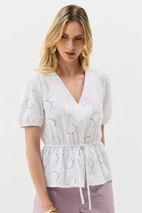 Blusa de Laise de Algodão Manga Bufante Elástico Decote V Cintura Elástico Laço