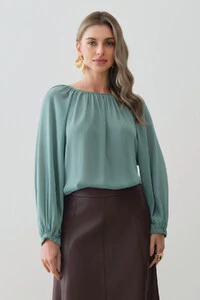 Blusa Assimétrica de Chiffon Yoryu Manga Longa Raglan Ampla Elástico Decote Franzido
