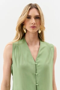 Camisa Regata Decote V Ombro Pregas Double Mini Botões Forrados