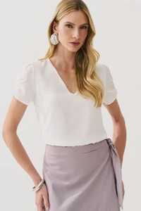 Blusa Manga Franzida Elástico Decote V