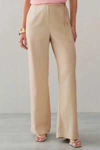 Calça Reta de Linho Prega Laço Lateral