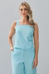 Conjunto de Alfaiataria Blusa de Alça Crop Assimétrica Lateral Franzida e Calça Reta Botão Forrado
