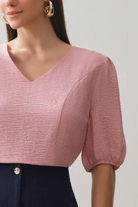 Blusa Manga Elástico Decote V Recortes