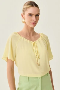 Blusa Manga Raglan Decote Canoa Laço Puxante Ponteira Gold