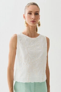 Regata de Algodão Bordado Folhagem Barrada