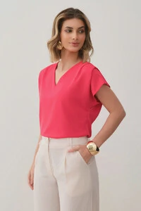 Blusa Manga Morcego Decote V Ombro Pregas Double