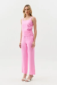 Conjunto de Alfaiataria Blusa de Alça Crop Assimétrica Lateral Franzida e Calça Reta Botão Forrado