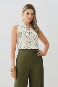 Regata Abstrata Gola Baixa Laço Decote V Ombro Prega