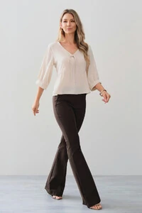 Blusa Manga 3/4 Punho Decote V Laço Recorte Busto