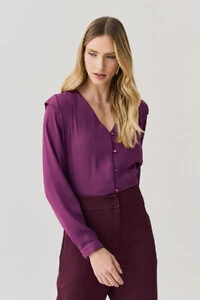 Camisa Manga Longa Punho Decote V Ombro Aba Mini Botões