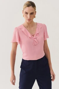 Blusa Manga Evasé Decote V Babado