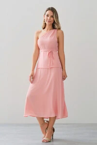 Conjunto de Blusa Regata Assimétrica Um Ombro Só Prega Cinto e Saia Midi