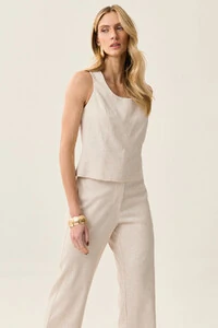 Conjunto de Linho de Blusa Regata Crop Recortes e Calça Reta Botão Forrado