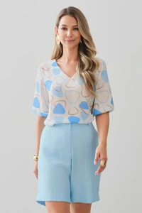 Blusa Abstrata Triângulo Manga 3/4 Elástico Decote V