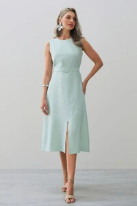 Vestido Midi Regata de Alfaiataria Recortes Cinto Fivela Forrada Fenda Frontal