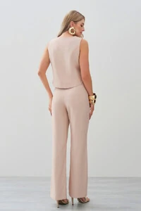 Conjunto de Alfaiataria de Blusa Regata Crop Recorte Calça Reta Aba Botões Forrados Double