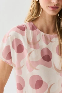 Blusa Abstrata Manga Morcego Ombro Pregas Double