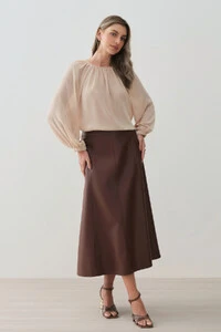 Blusa Assimétrica de Chiffon Yoryu Manga Longa Raglan Ampla Elástico Decote Franzido