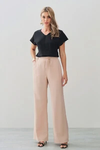 Calça Reta Cintura Elástico Laço Fino