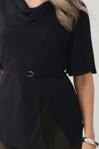 Blusa Assimétrica Transpassada Manga Evasê Decote Drapeado Cinto Fino