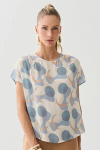 Blusa Abstrata Manga Morcego Ombro Pregas Double