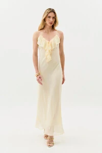 Vestido Longo de Alcinha de Chiffon Yoryu Decote V Babado Laço
