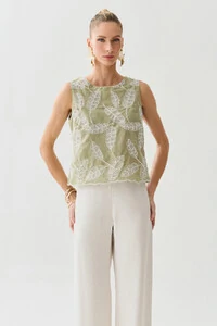 Regata de Algodão Bordado Folhagem Barrada