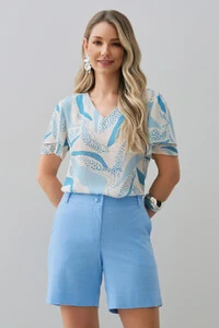 Blusa Folhagem Manga Dupla Decote V