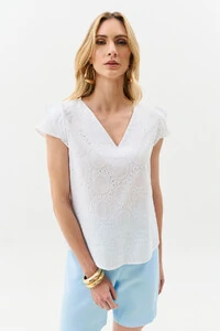 Blusa de Laise de Algodão Manga Tulipa Decote V