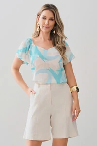 Blusa Abstrata Manga Raglan Decote Coração Ombro Elástico