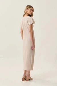 Vestido Midi Assimétrico de Linho Manga Morcego Decote V Lateral Pregas