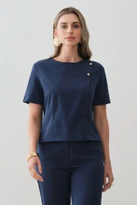 Conjunto de Alfaiataria de Blusa Crop Assimétrica Ombro Esquerdo Prega Gold Double e Calça Reta