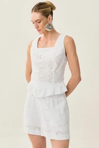 Conjunto de Laise de Algodão de Blusa regata Crop Decote Quadrado Babado e Shorts Pregas Double