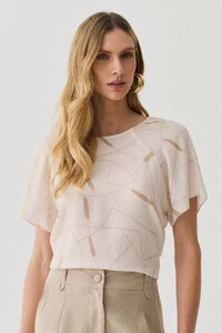 Blusa Abstrata Manga Raglan Ombro Prega