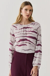 Blusa Zebra Abstrata Manga Longa Raglan Decote Franzido